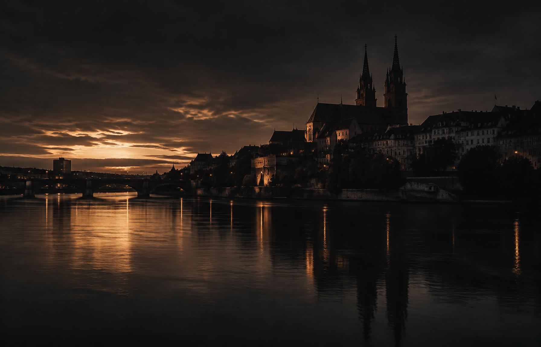 Basel Minster and the Rhine at dusk