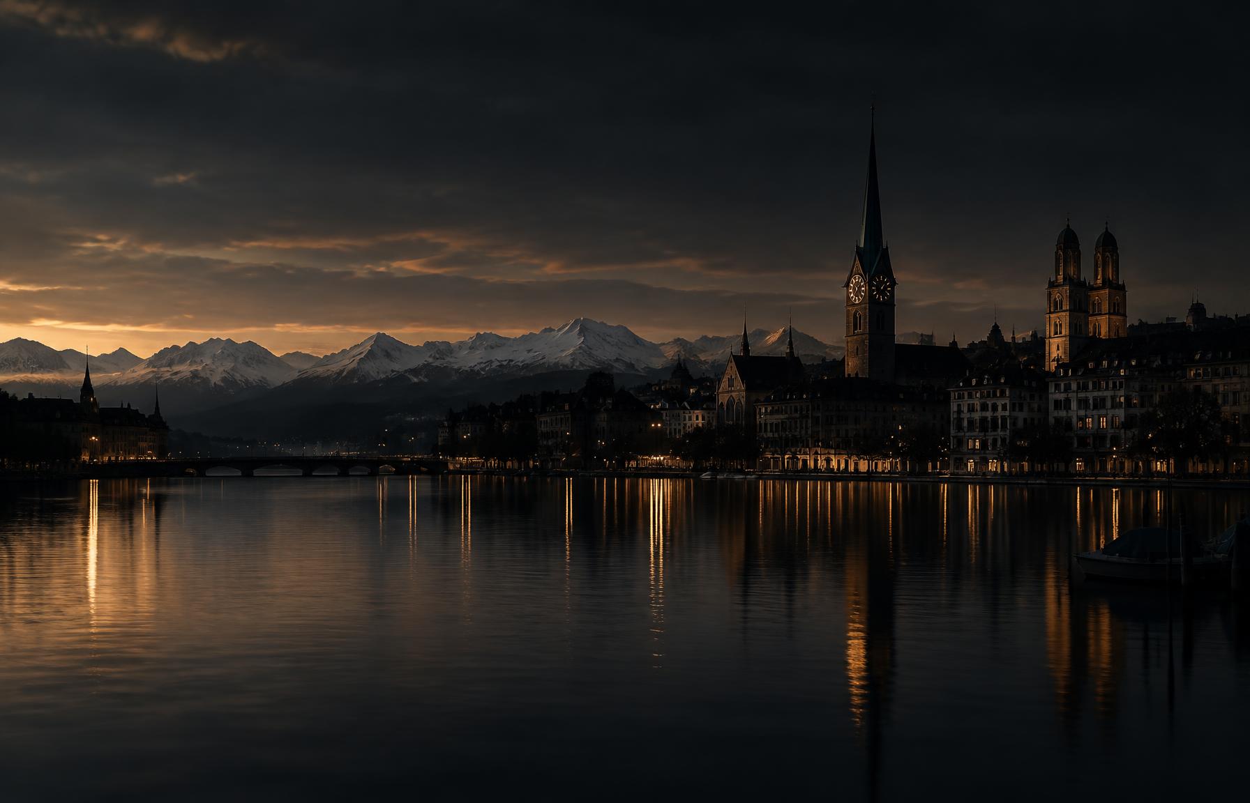 Zurich's old town and Lake Zurich at dusk, with the Alps in the distance