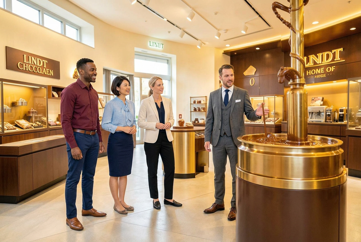 Three guests with a private guide at the Lindt Home of Chocolate museum in Zurich